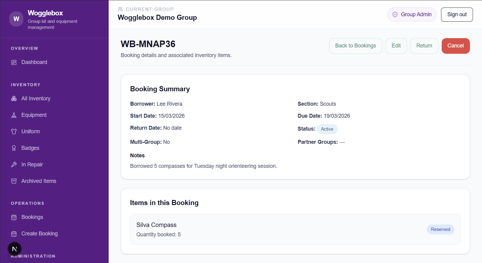 Booking detail page showing dates, items, status, and booking actions