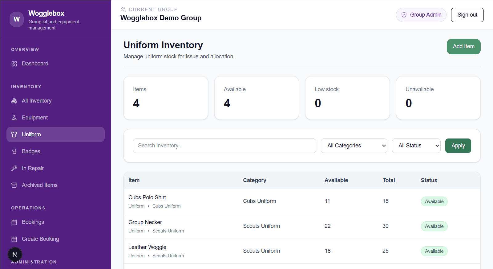Wogglebox uniform inventory page showing stock records and uniform-specific workflow